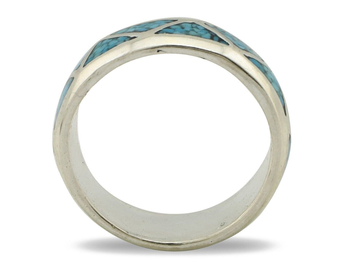 Navajo Chip Inlay Ring 925 Silver Sleeping Beauty Turquoise Artist Silver Cloud