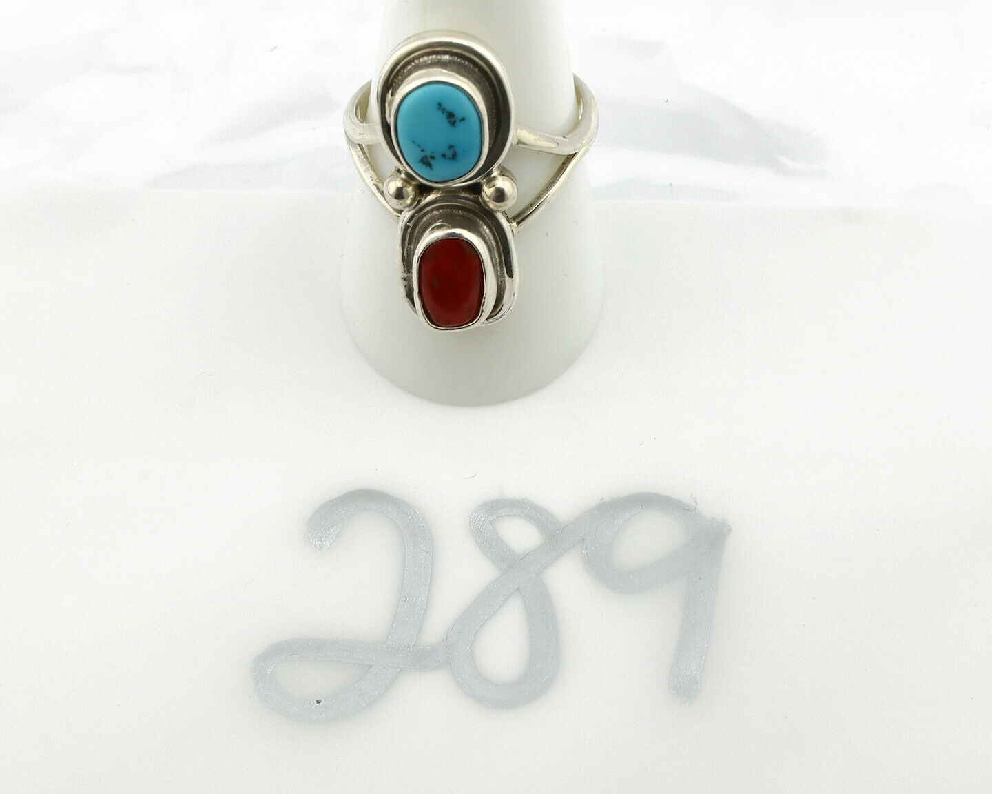 Navajo Ring .925 Silver Blue Turquoise & Red Coral Native American Artist C.80's