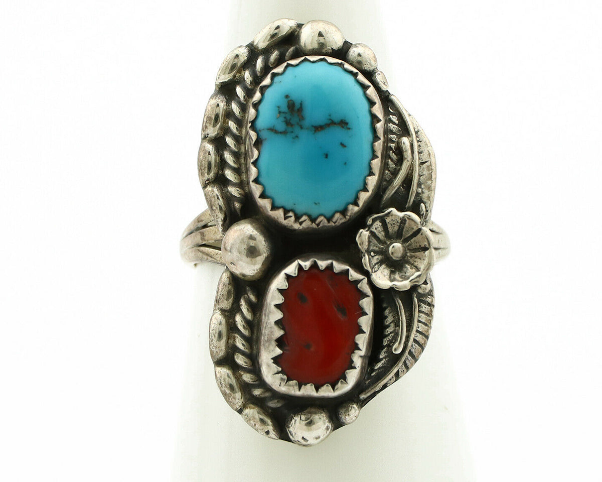 Navajo Ring .925 Silver Turquoise & Coral Artist Signed Thomas Singer C.80's