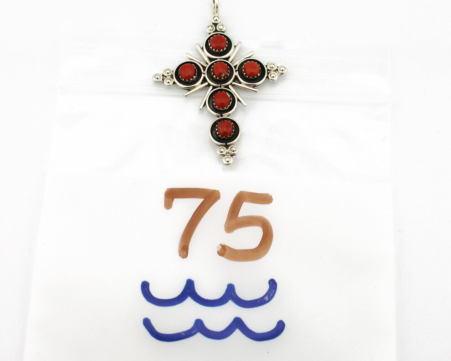 Zuni Handmade Cross Necklace 925 Silver Red Coral Artist Signed NOM? C.80's