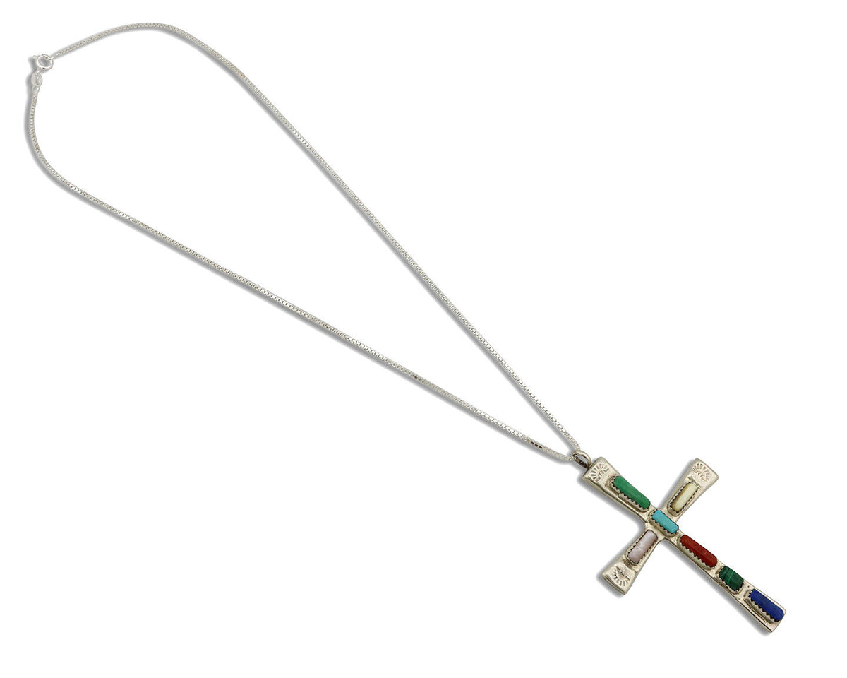 Zuni Handmade Cross Necklace 925 Silver Natural Gemstone Signed W. IULE C.80's