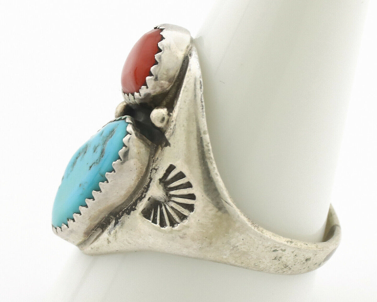 Zuni Ring .925 Silver Natural Turquoise & Coral Native American Artist C.1980's