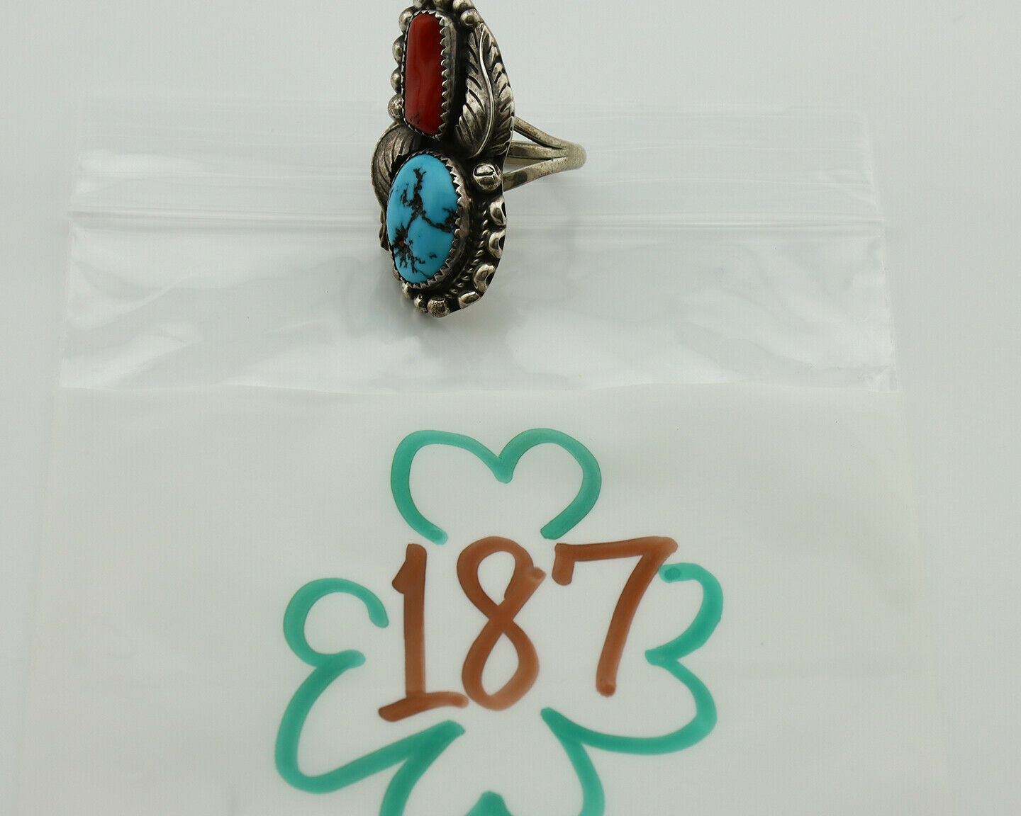 Navajo Ring .925 Silver Turquoise & Coral Artist Signed Thomas Singer C.80's