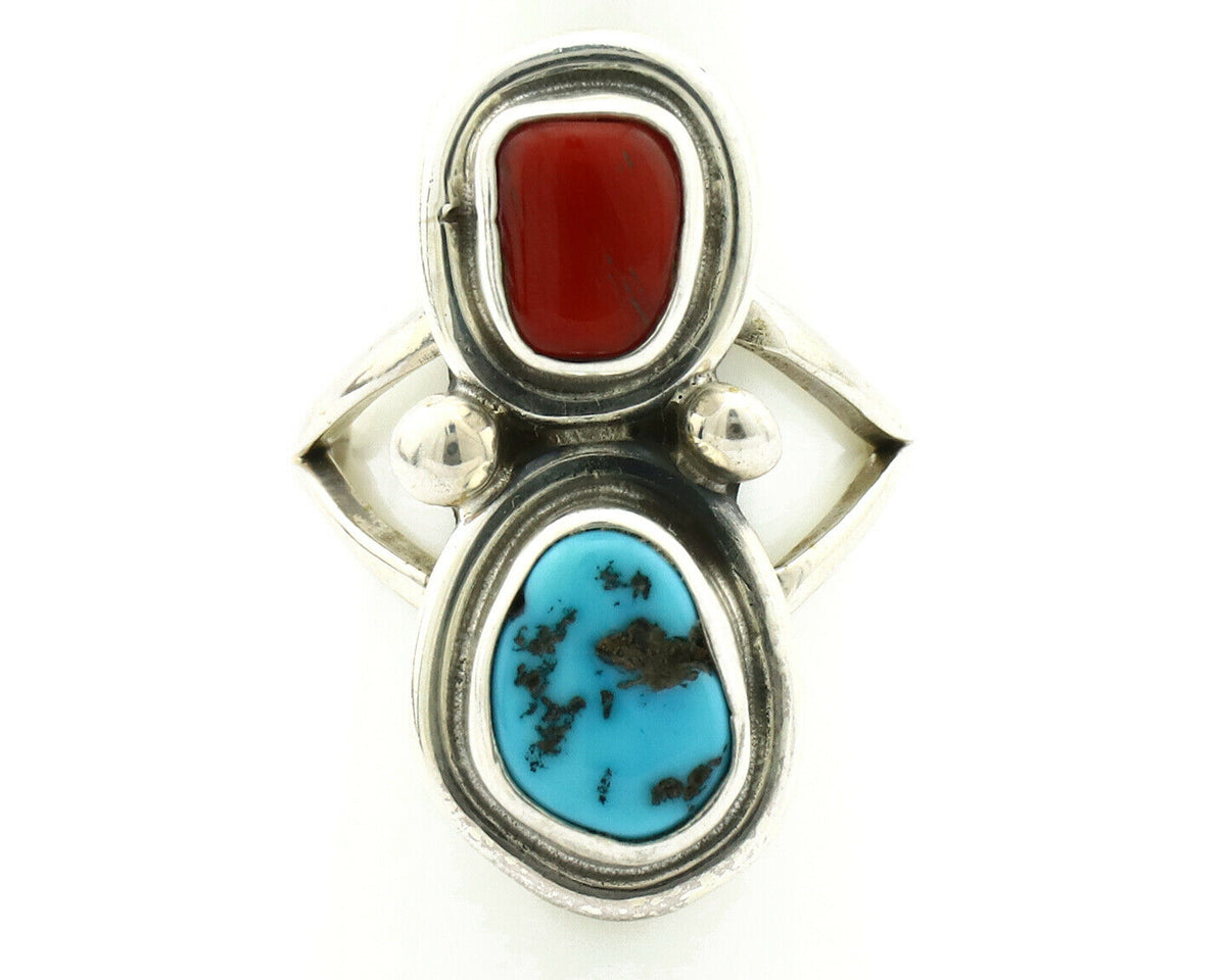 Navajo Ring .925 Silver Red Coral & Blue Turquoise Native Artist C.80's