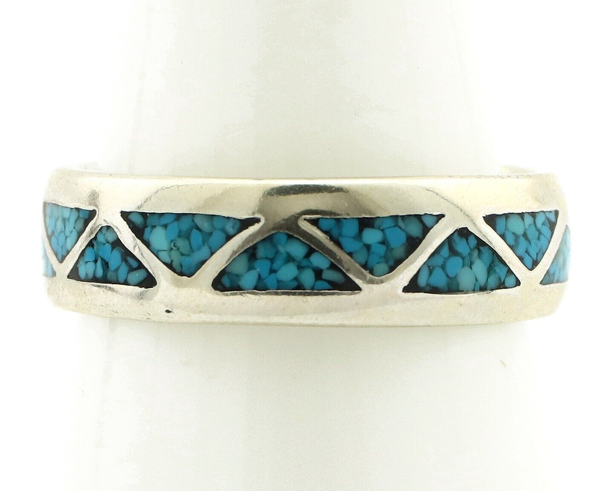Navajo Chip Inlay Ring 925 Silver Sleeping Beauty Turquoise Artist Silver Cloud