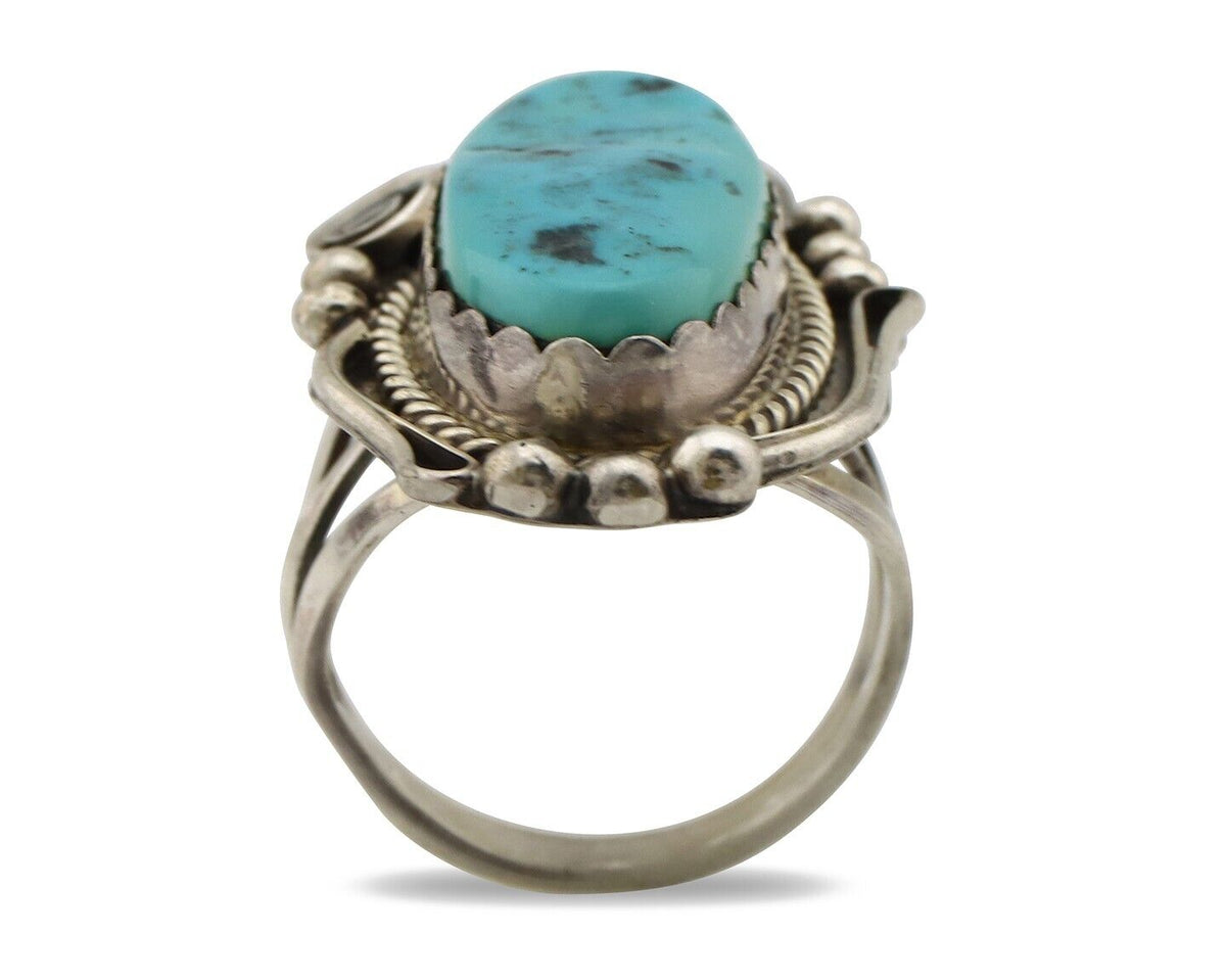 Navajo Inlay Band Ring 925 Silver Sleeping B Turquoise Signed Justin Morris C80s