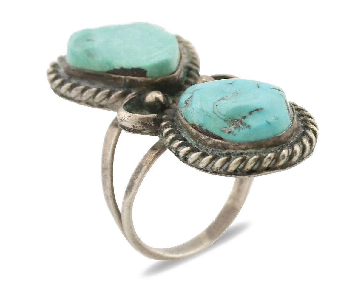 Navajo Ring .925 Silver Globe Turquoise Native American Artist C.1980's