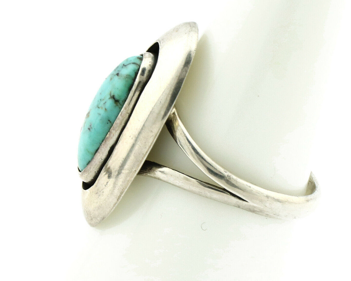 Navajo Shadow Box Ring .925 Silver Kingman Turquoise Signed M Montoya C80s