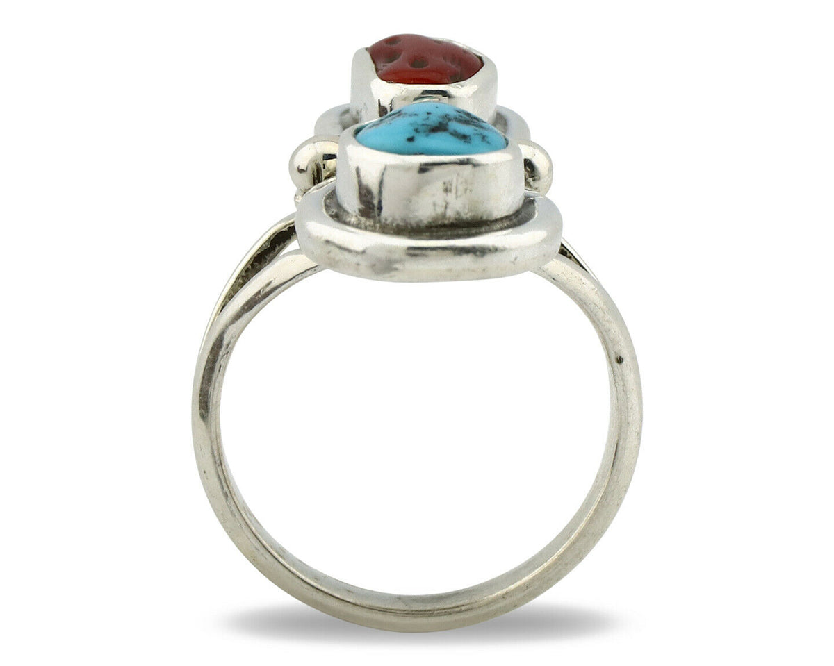 Navajo Ring .925 Silver Red Coral & Blue Turquoise Native Artist C.80's