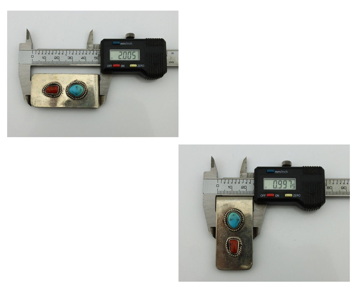 Navajo Money Clip 925 Silver & 999 Nickel Natural Turquoise & Coral Artist C80