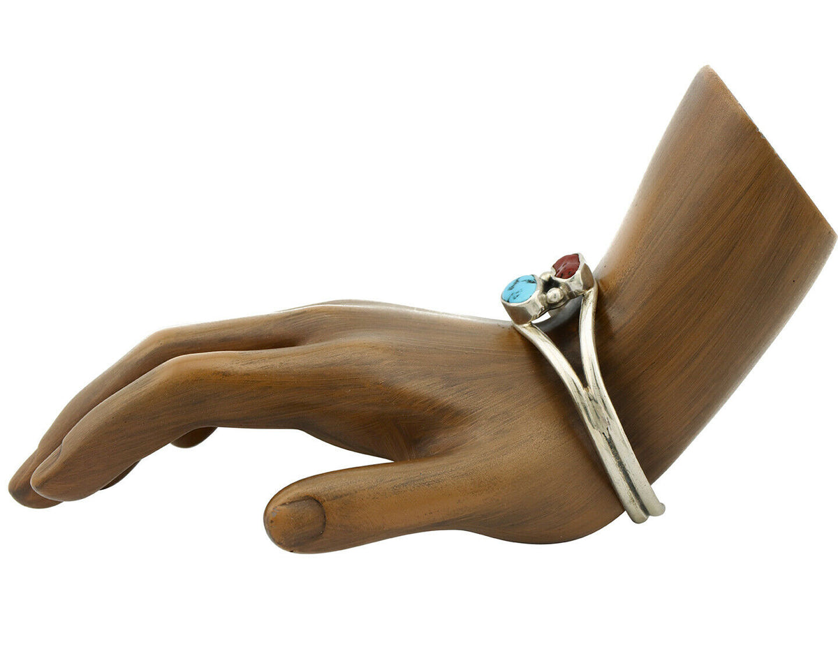 Navajo Bracelet .925 Silver Coral & Turquoise Native American C.90's