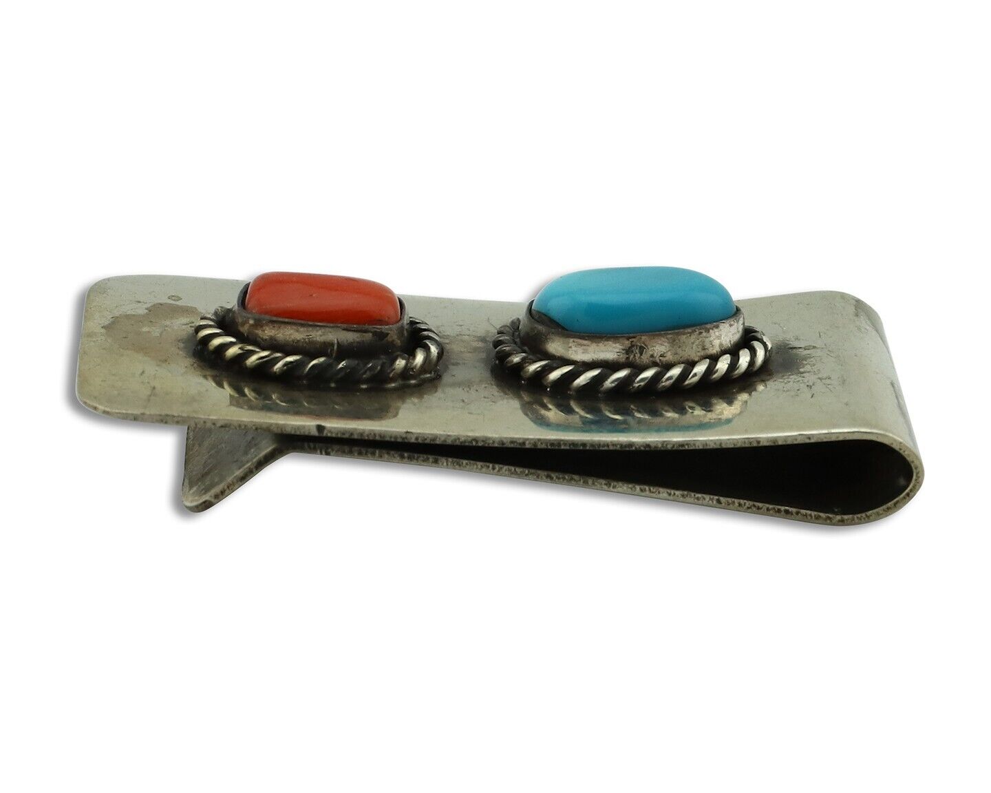 Navajo Money Clip 925 Silver & 999 Nickel Natural Turquoise & Coral Artist C80