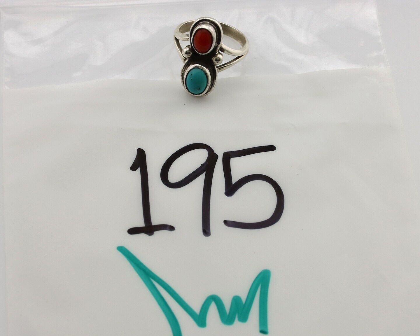 Navajo Handmade Ring 925 Silver Coral & Turquoise Native American Artist C.80's