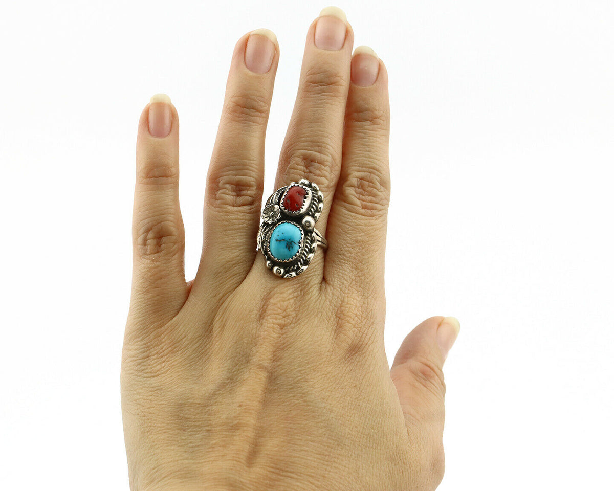 Navajo Ring .925 Silver Turquoise & Coral Artist Signed Thomas Singer C.80's