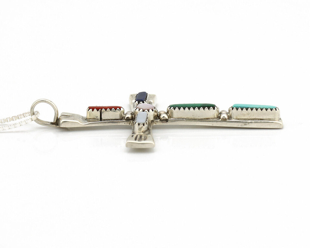 Zuni Handmade Cross Necklace 925 Silver Natural Gemstone Signed C. IULE C.80's