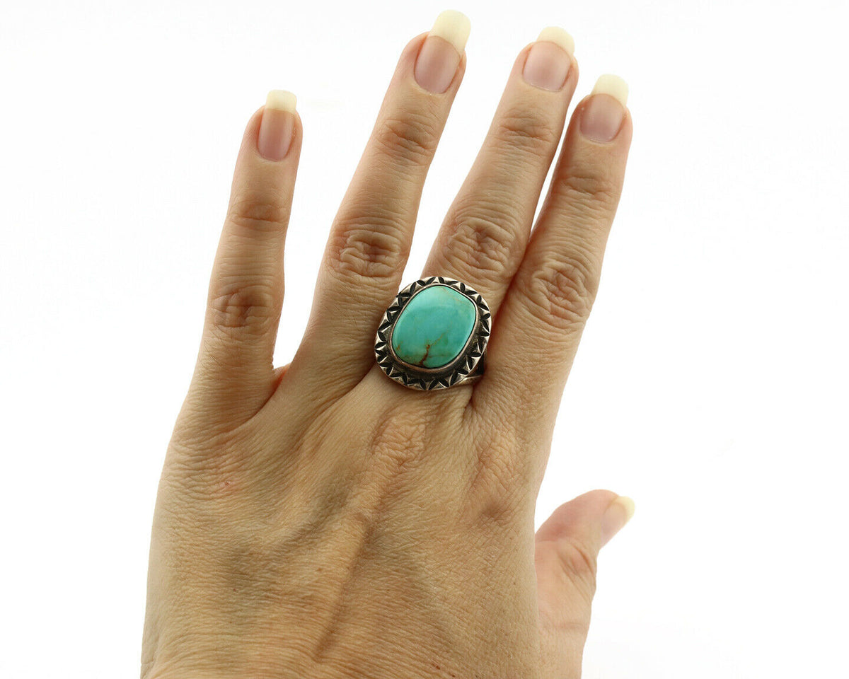 Navajo Ring .925 Silver Kingman Turquoise Artist Signed Gecko C.1980's