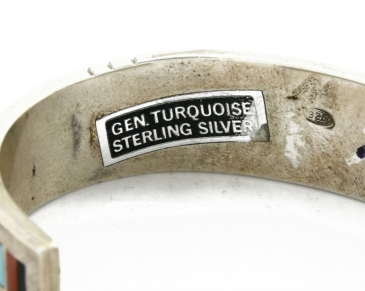C. 1980's Zuni Inlaid Gemstone .925 Silver Handmade Cuff Bracelet
