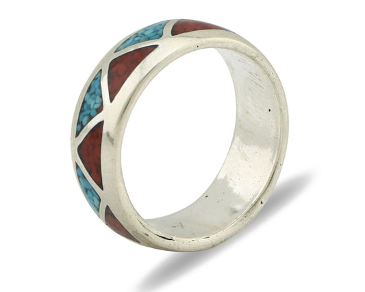 Navajo Ring 925 Silver Natural Turquoise & Coral Native American Artist C.80's