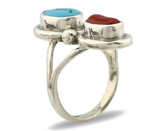 Navajo Ring .925 Silver Red Coral & Blue Turquoise Native Artist C.80's