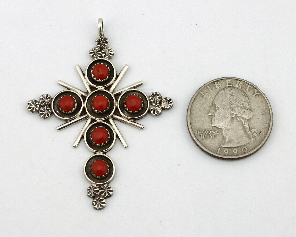 Zuni Handmade Cross Necklace 925 Silver Red Coral Artist Signed NOM? C.80's