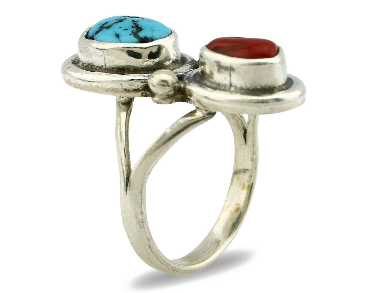 Navajo Ring .925 Silver Red Coral & Blue Turquoise Native Artist C.80's