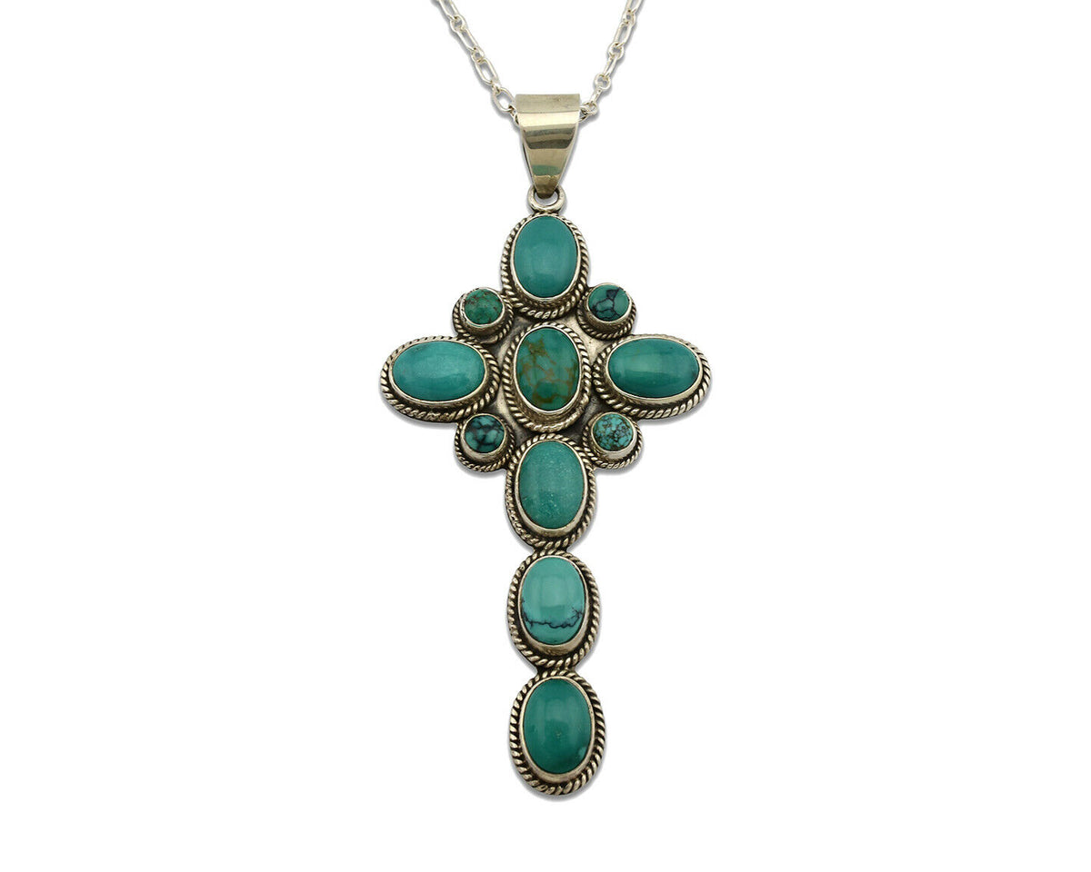 Navajo Cross Necklace .925 Silver Blue Green Turquoise Signed RB C.80's