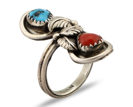 Navajo Ring 925 Silver Blue Turquiose & Mediterranean Coral Native Artist C.80's