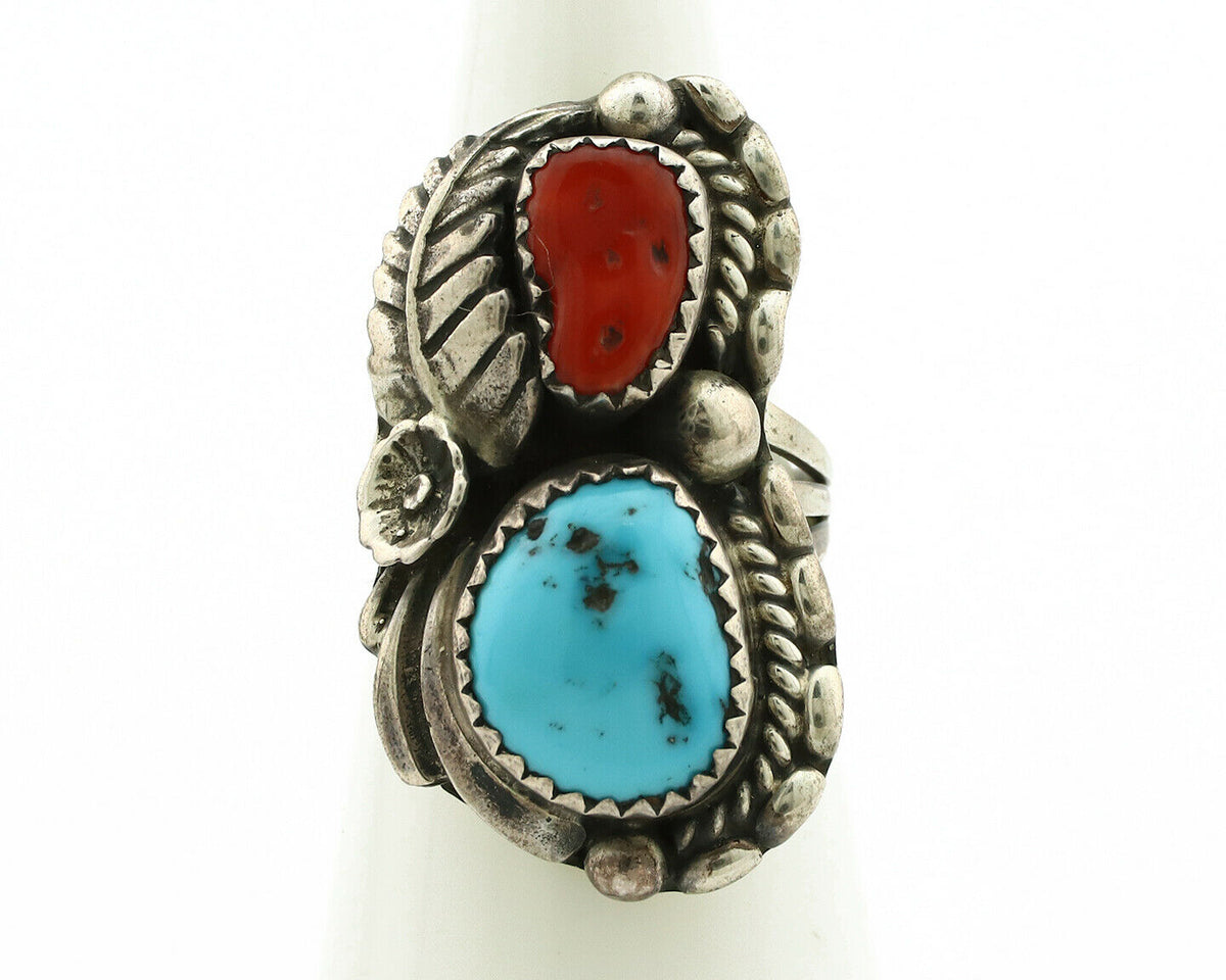 Navajo Ring .925 Silver Turquoise & Coral Artist Signed Thomas Singer C.80's
