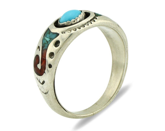 Navajo Handmade Ring 925 Silver Blue Turquoise & Coral Native American C.80's
