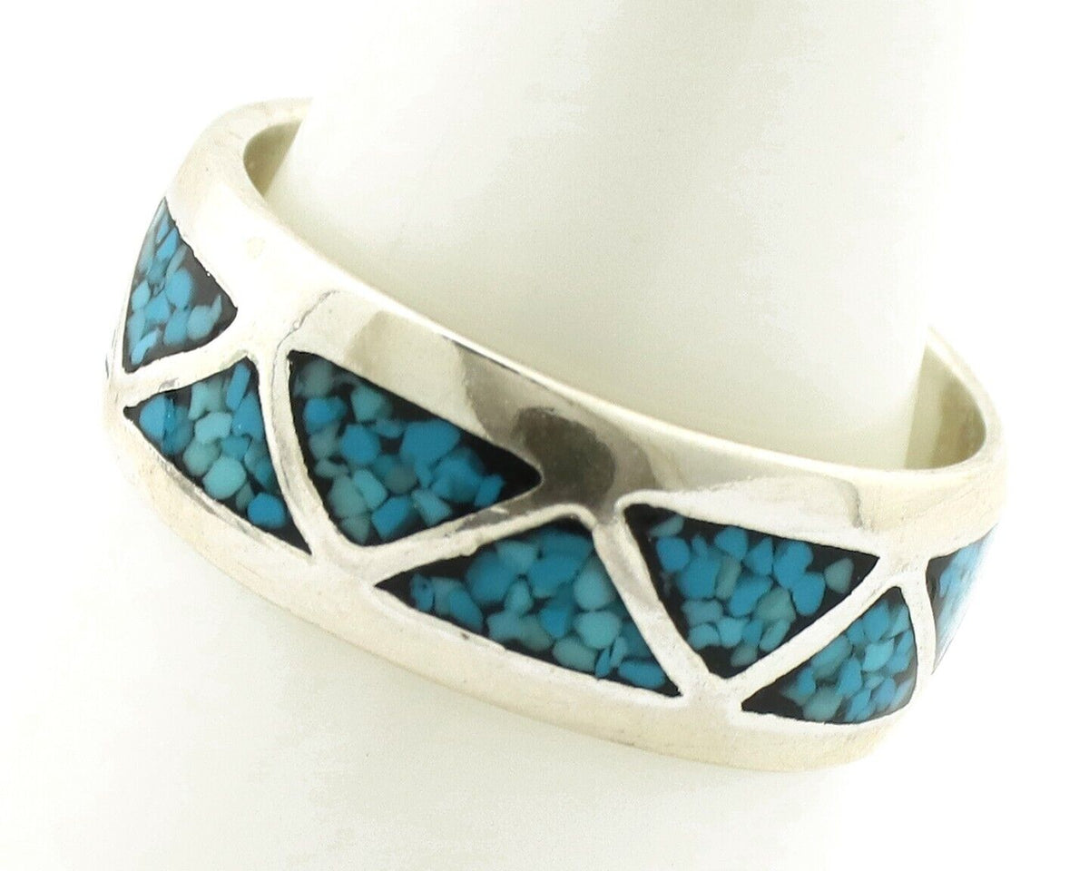 Navajo Chip Inlay Ring 925 Silver Sleeping Beauty Turquoise Artist Silver Cloud