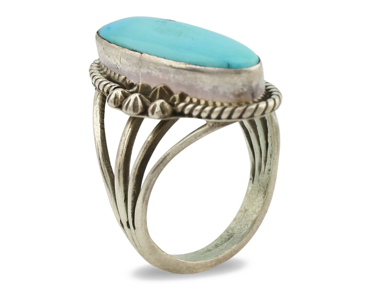Navajo Ring .925 Silver Sleeping Beauty Turquoise Artist Signed T C.1980's
