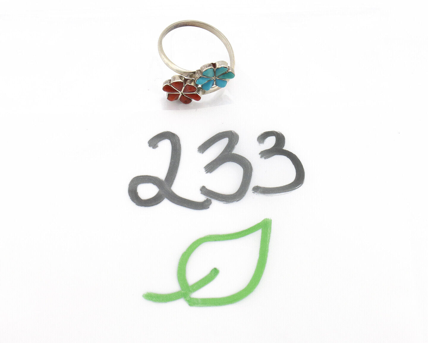 Zuni Flower Ring 925 Silver Turquoise & Coral Native American Artist C.80's