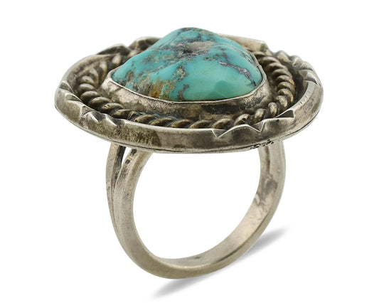 Navajo Ring .925 Silver Globe Turquoise Hand Stamped Native American Artist C80s