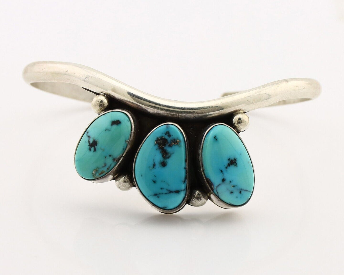 Navajo Bracelet 925 Silver Blue Kingman Turquoise Artist Signed E SANDAVOL C80s