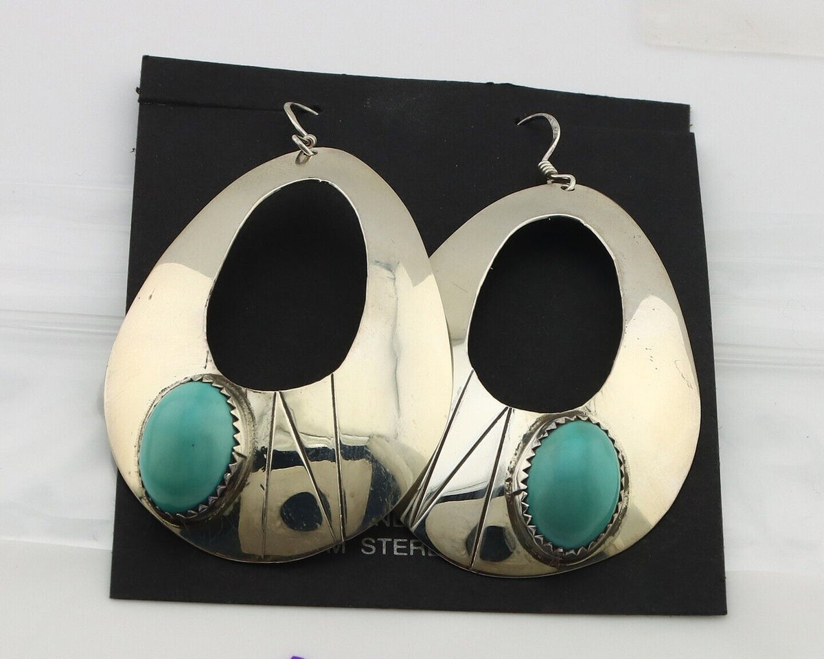 Navajo Handmade Earrings 925 Silver Blue Turquoise Signed Vera Jane C.80's