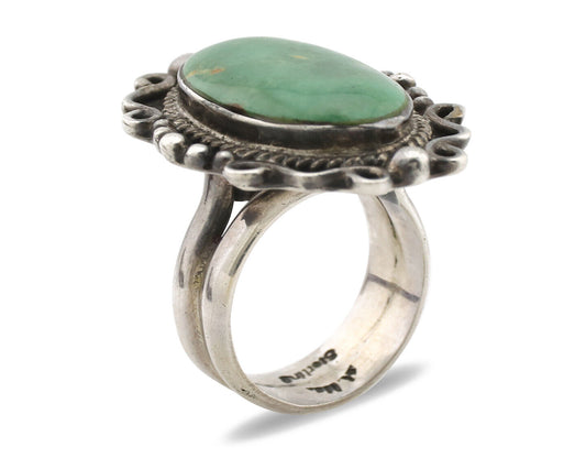 Navajo Ring .925 Silver Green Turquoise Signed By Native C.1980's