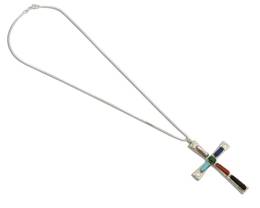 Zuni Handmade Cross Necklace 925 Silver Natural Gemstone Signed W. IULE C.80's