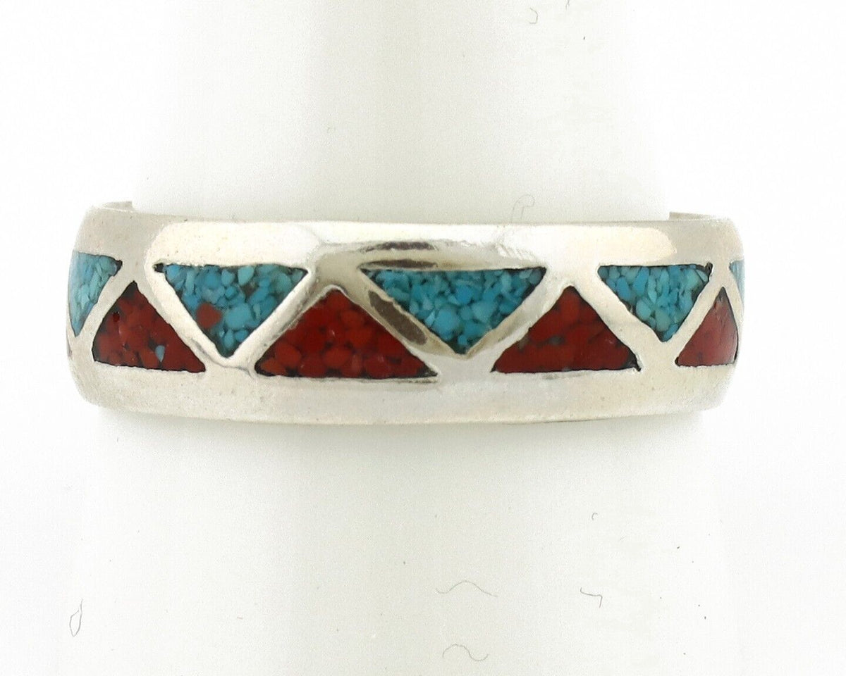 Navajo Chip Inlay Ring 925 Silver Sleeping Beauty Turquoise & Coral Silver Cloud