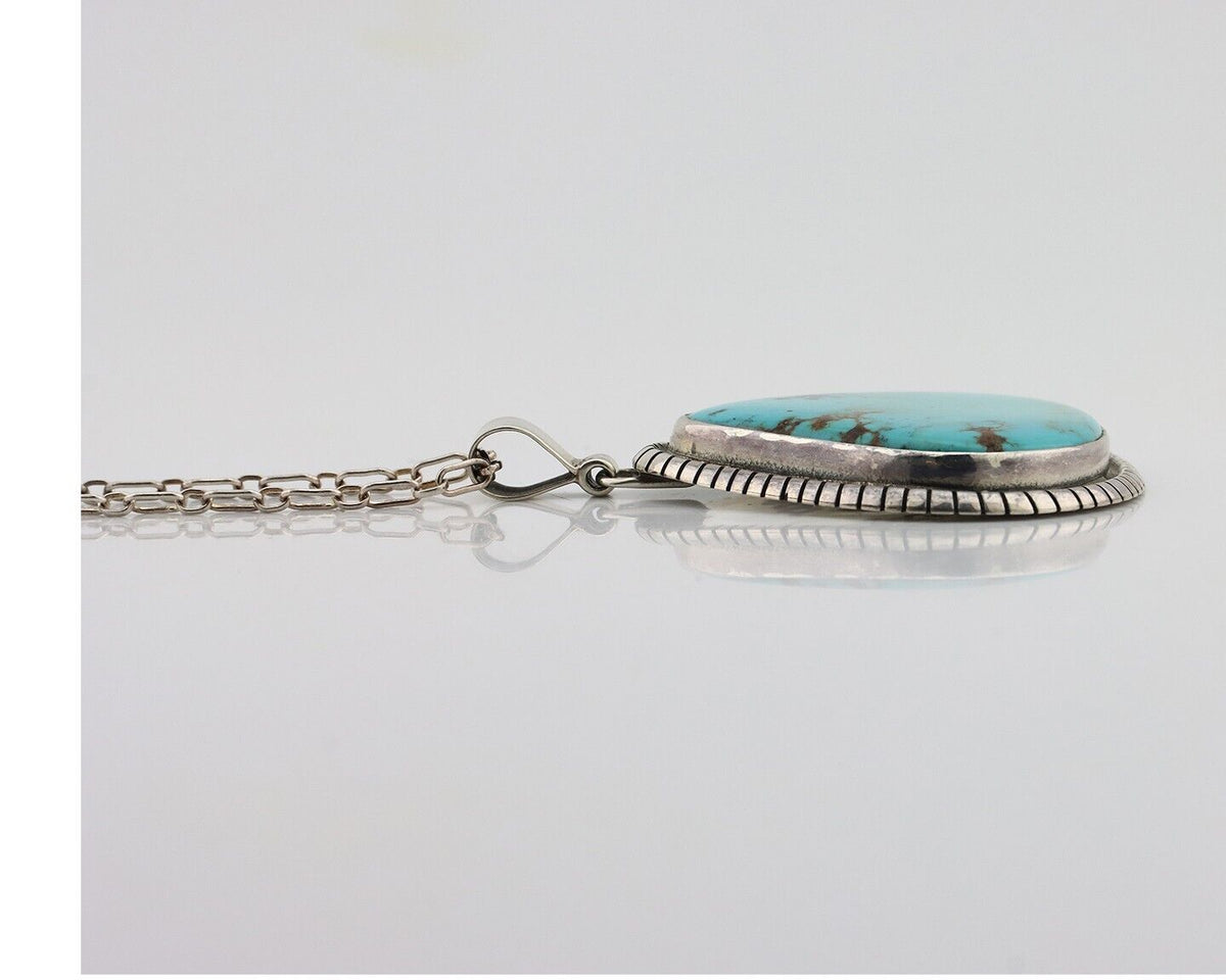 Navajo Necklace 925 Silver Natural Whole Slab Turquoise Signed Pictograph C.80's