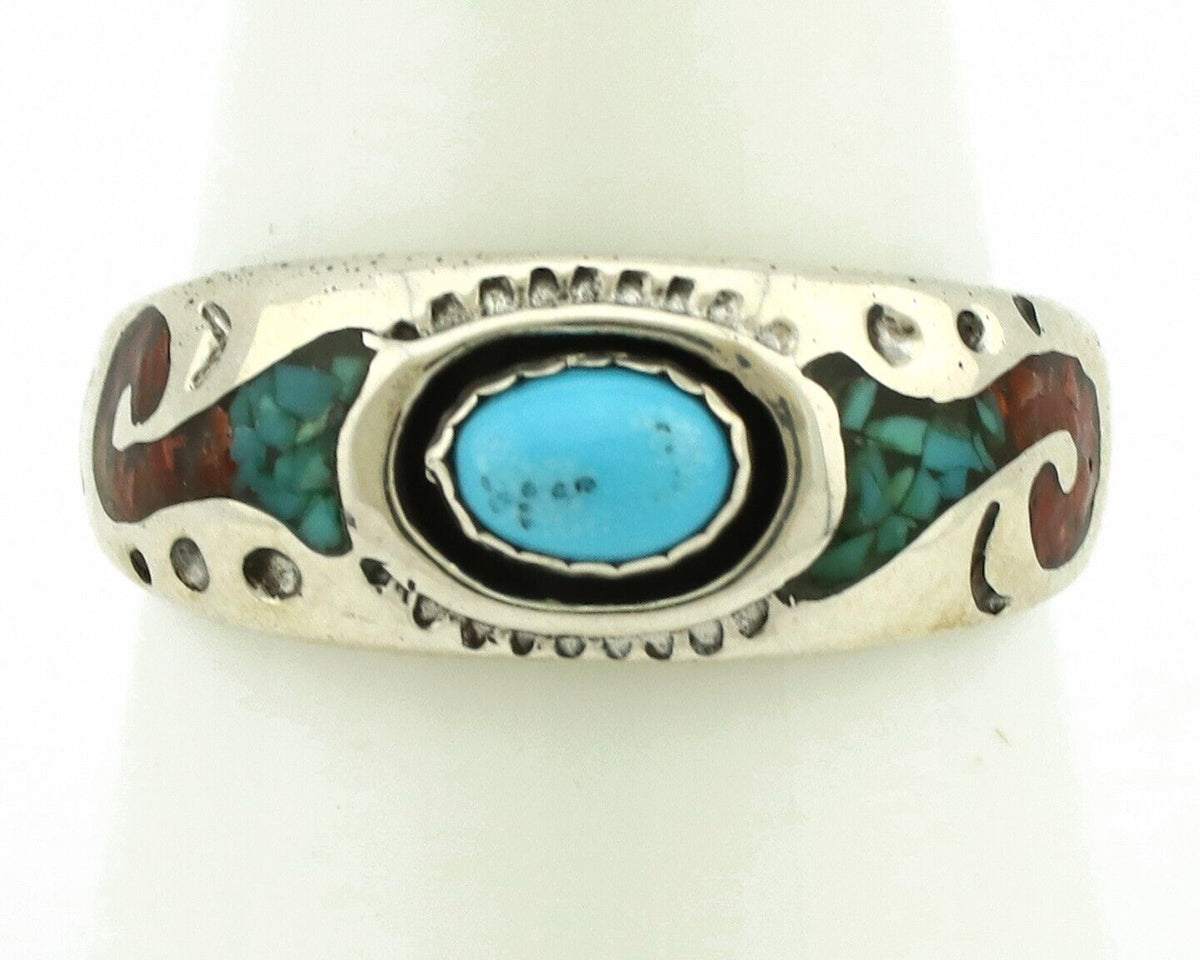 Navajo Handmade Ring 925 Silver Blue Turquoise & Coral Native American C.80's