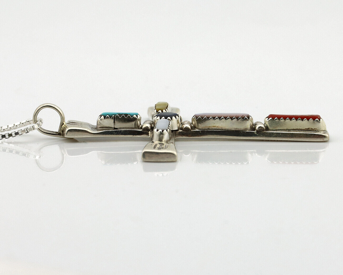 Zuni Handmade Cross Necklace 925 Silver Natural Gemstone Signed C. IULE C.80's