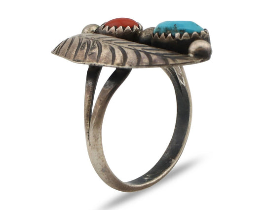 Navajo Handmade Ring 925 Silver Turquiose & Coral Artist Signed Moore C.80's