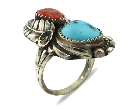 Navajo Ring .925 Silver Turquoise & Coral Artist Signed Thomas Singer C.80's