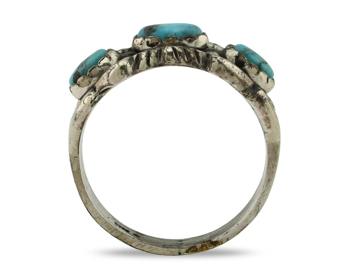Navajo Ring .925 Silver Natural Blue Turquoise Artist Signed Sun Bell C.80's
