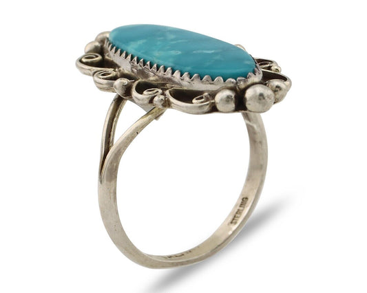 Navajo Ring 925 Silver Blue Gem Turquoise Artist Signed TALHAT C.80's