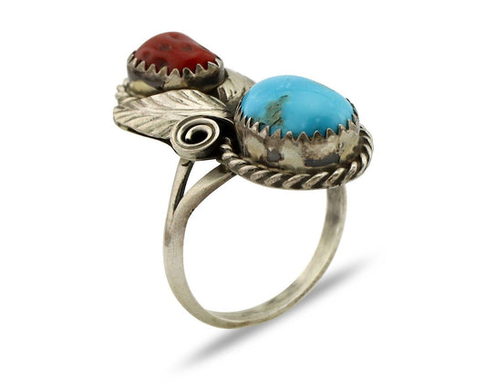 Navajo Ring 925 Silver Blue Turquiose & Coral Artist Signed Justin Morris C.80's