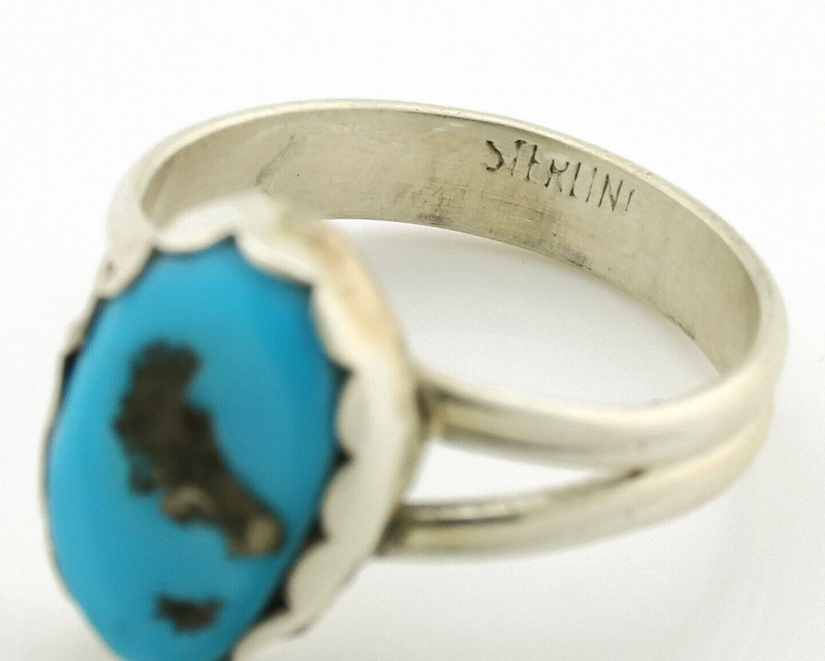Navajo Ring .925 Silver Sleeping Beauty Turquoise Native American Artist C.1980s