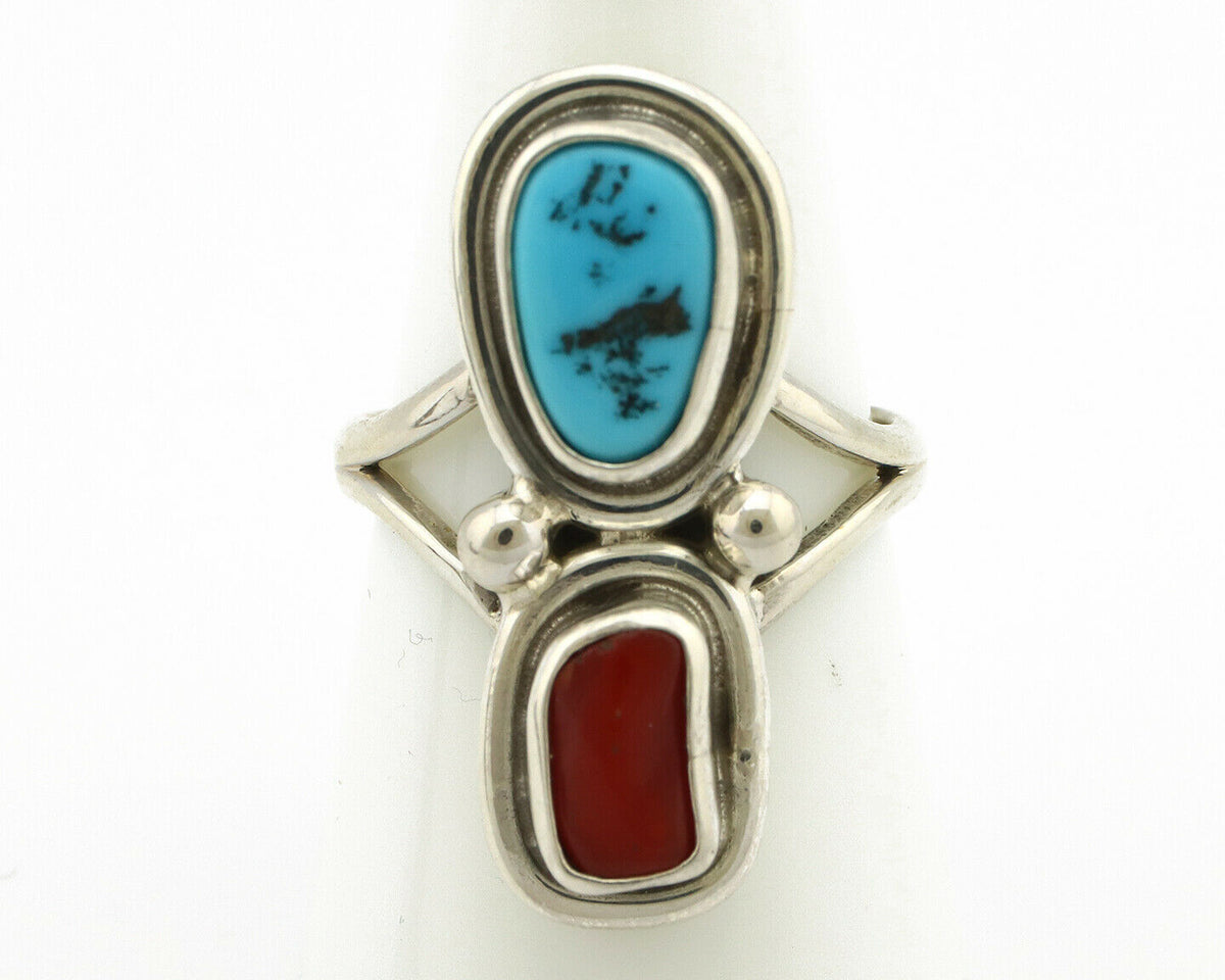 Navajo Ring .925 Silver Blue Turquoise & Red Coral Native American Artist C.80's