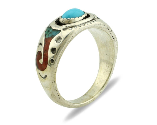 Navajo Handmade Ring 925 Silver Blue Turquoise & Coral Native American C.80's