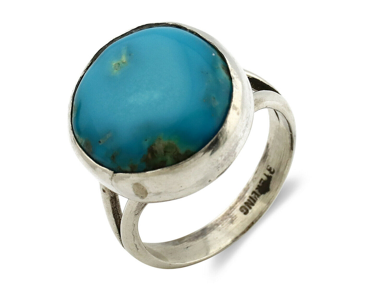 Navajo Shield Ring .925 Silver Kingman Turquoise Native American Artist C.80's